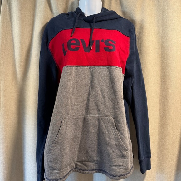 Levis Color Block Hoodie Pullover Sweatshirt Mens Medium Red Blue Gray - Picture 1 of 6